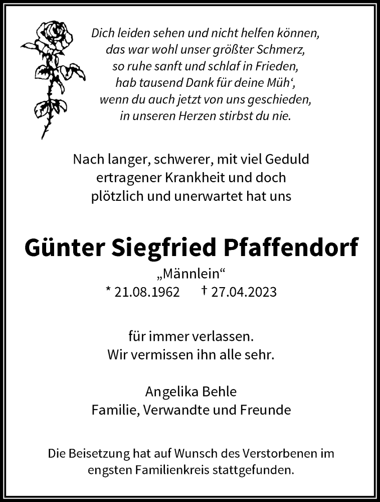  Traueranzeige für Günter Siegfried Pfaffendorf vom 20.05.2023 aus trauer.wuppertaler-rundschau.de
