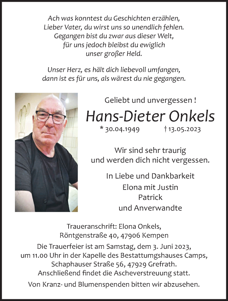  Traueranzeige für Hans-Dieter Onkels vom 28.05.2023 aus trauer.mein.krefeld.de