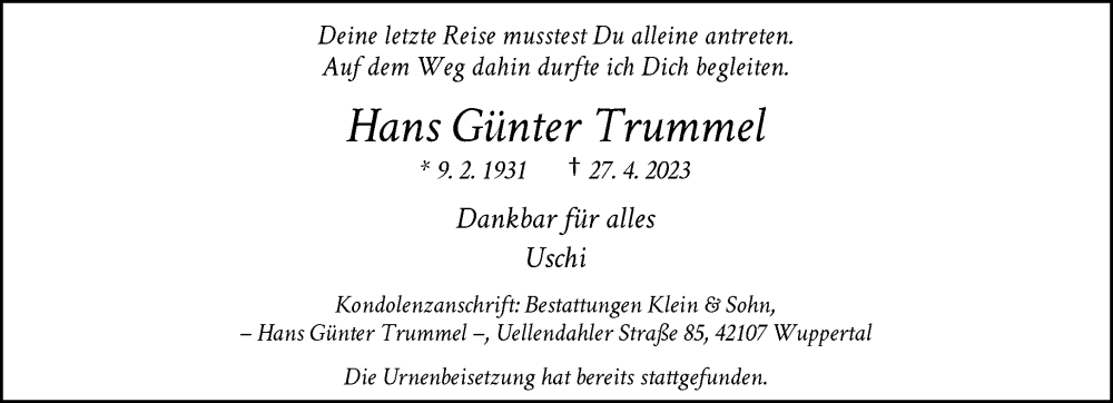  Traueranzeige für Hans Günter Trummel vom 03.06.2023 aus trauer.wuppertaler-rundschau.de