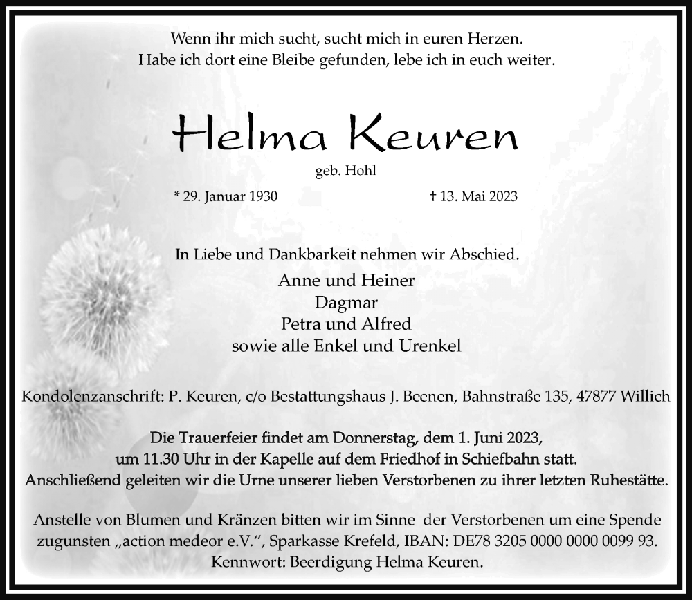  Traueranzeige für Helma Keuren vom 28.05.2023 aus trauer.extra-tipp-moenchengladbach.de