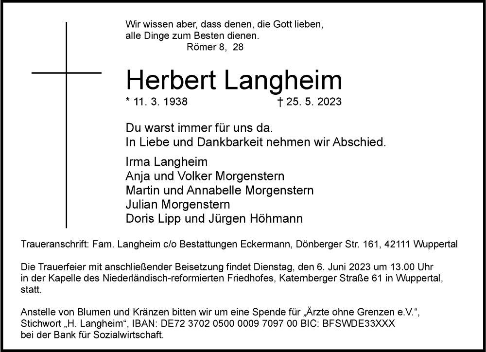  Traueranzeige für Herbert Langheim vom 03.06.2023 aus trauer.wuppertaler-rundschau.de