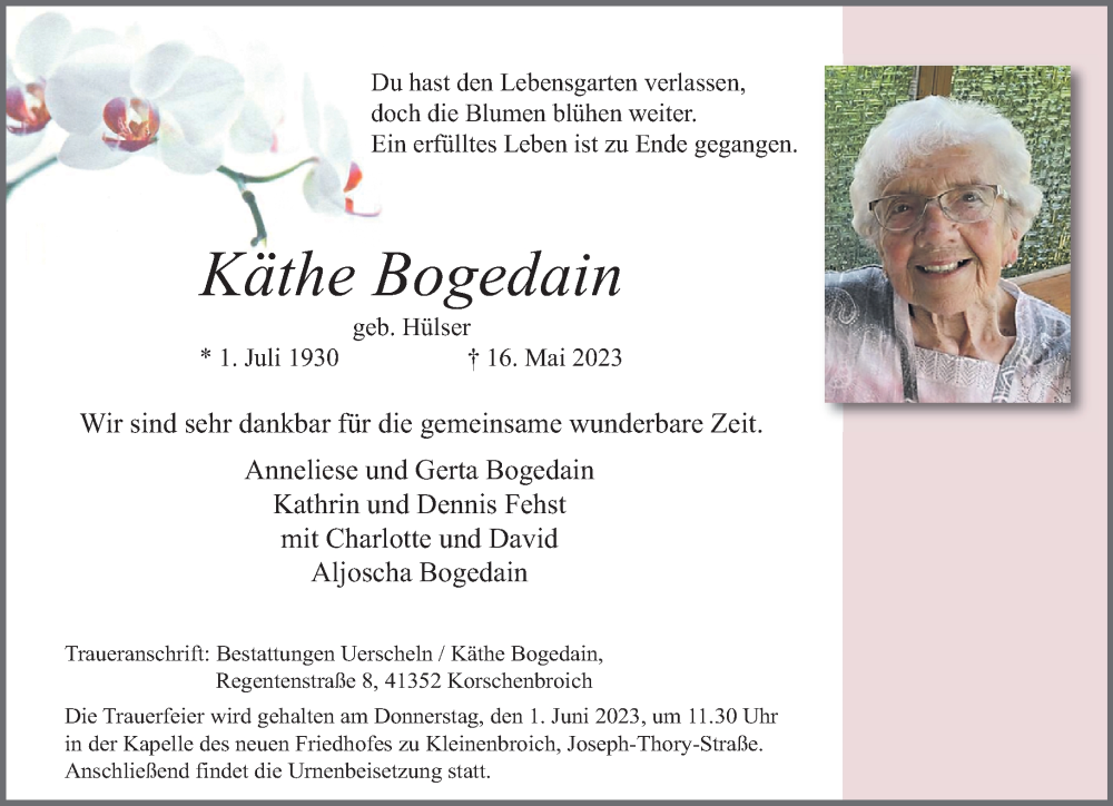  Traueranzeige für Käthe Bogedain vom 28.05.2023 aus trauer.extra-tipp-moenchengladbach.de