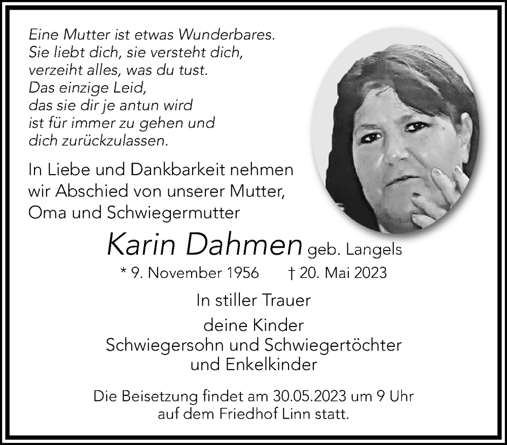  Traueranzeige für Karin Dahmen vom 28.05.2023 aus trauer.mein.krefeld.de