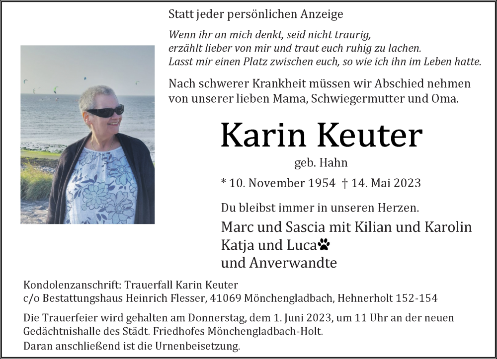  Traueranzeige für Karin Keuter vom 28.05.2023 aus trauer.extra-tipp-moenchengladbach.de