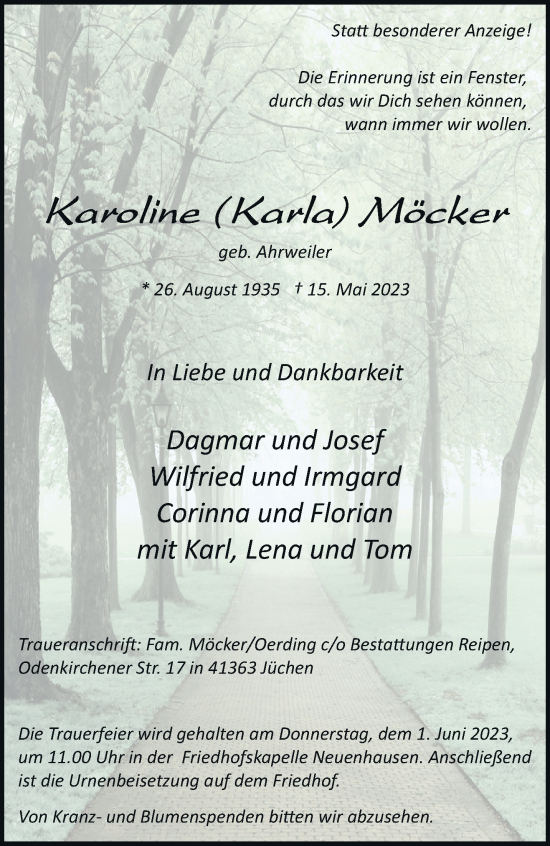 Traueranzeige von Karoline Möcker von trauer.stadt-kurier.de