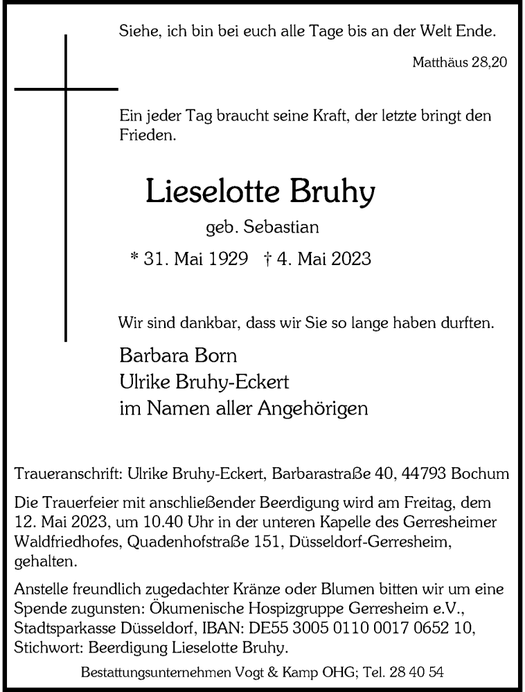  Traueranzeige für Lieselotte Bruhy vom 12.05.2023 aus trauer.duesseldorfer-anzeiger.de