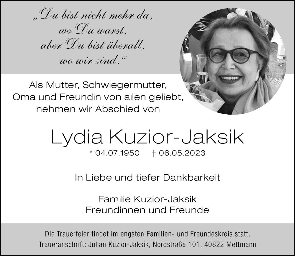  Traueranzeige für Lydia Kuzior-Jaksik vom 19.05.2023 aus trauer.duesseldorfer-anzeiger.de