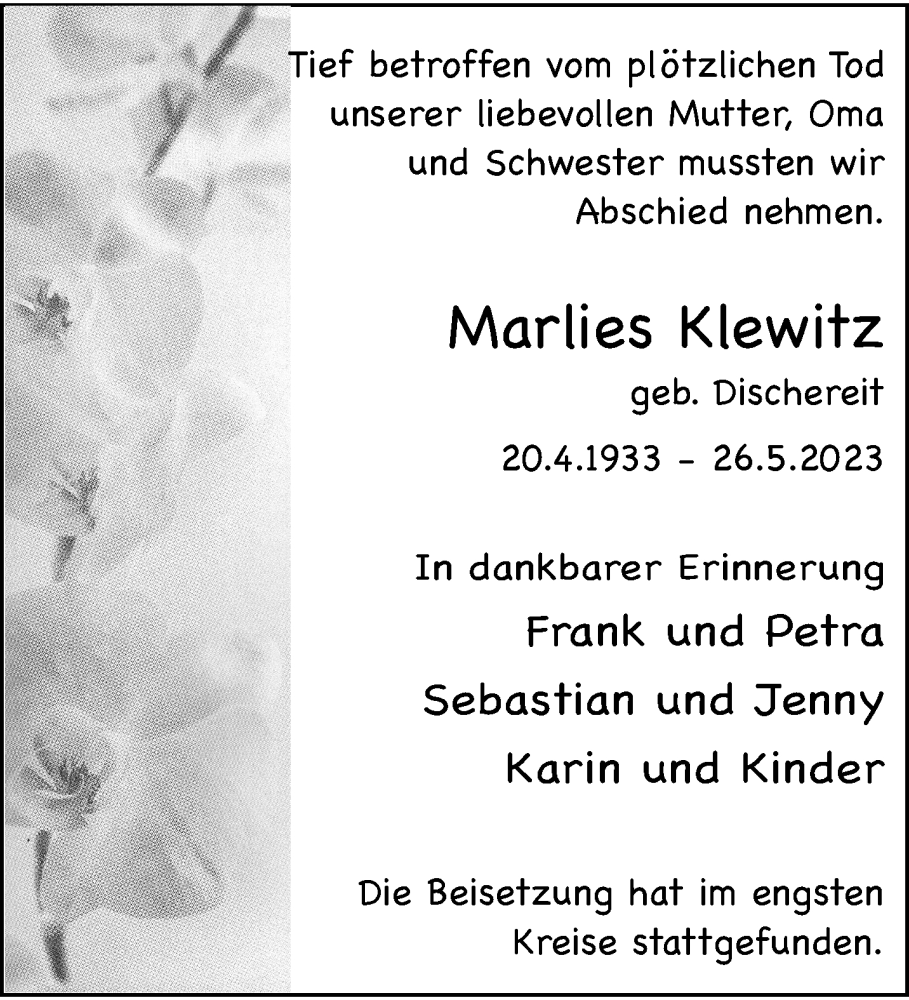  Traueranzeige für Marlies Klewitz vom 03.06.2023 aus trauer.wuppertaler-rundschau.de