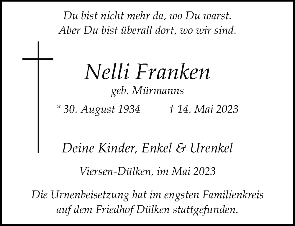 Traueranzeige für Nelli Franken vom 28.05.2023 aus trauer.extra-tipp-moenchengladbach.de