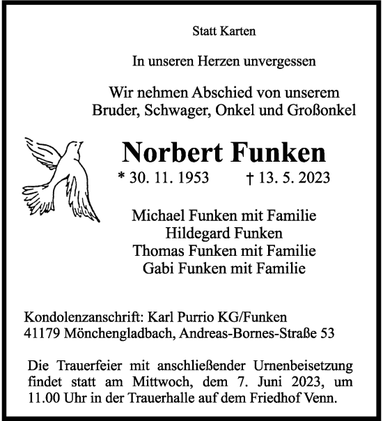 Traueranzeige von Norbert Funken von trauer.extra-tipp-moenchengladbach.de