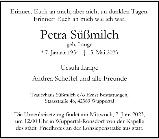 Traueranzeige von Petra Süßmilch von trauer.wuppertaler-rundschau.de