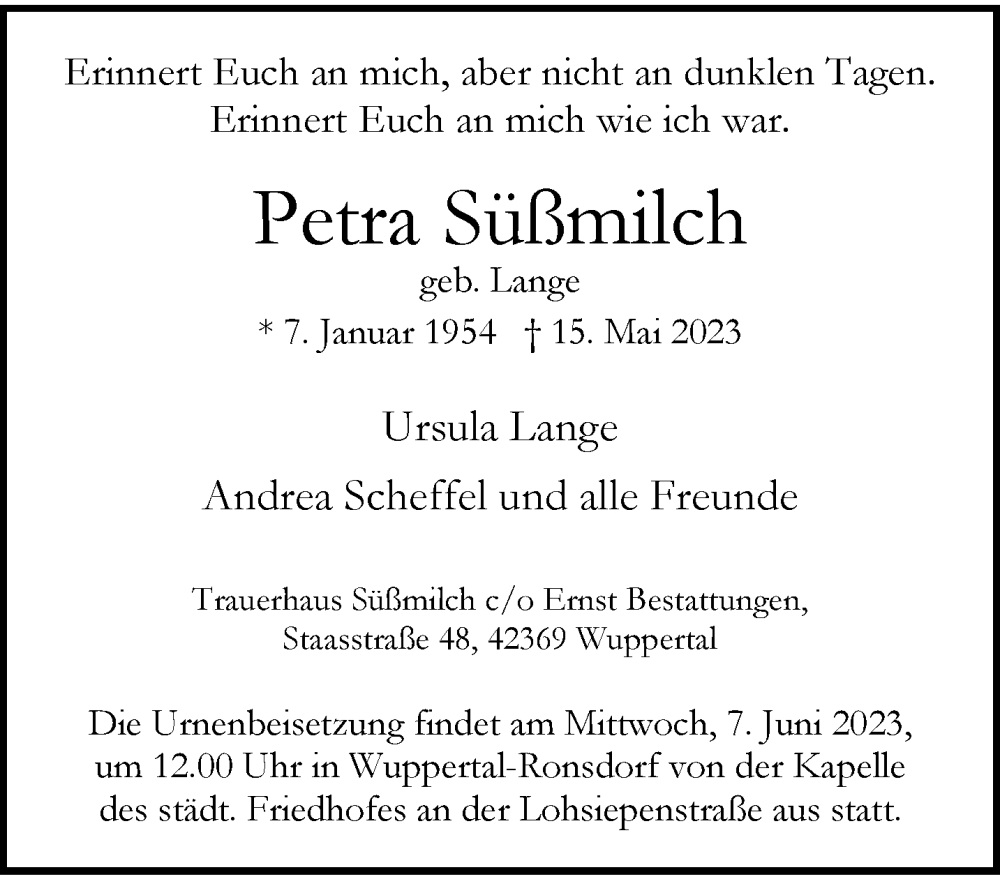  Traueranzeige für Petra Süßmilch vom 27.05.2023 aus trauer.wuppertaler-rundschau.de