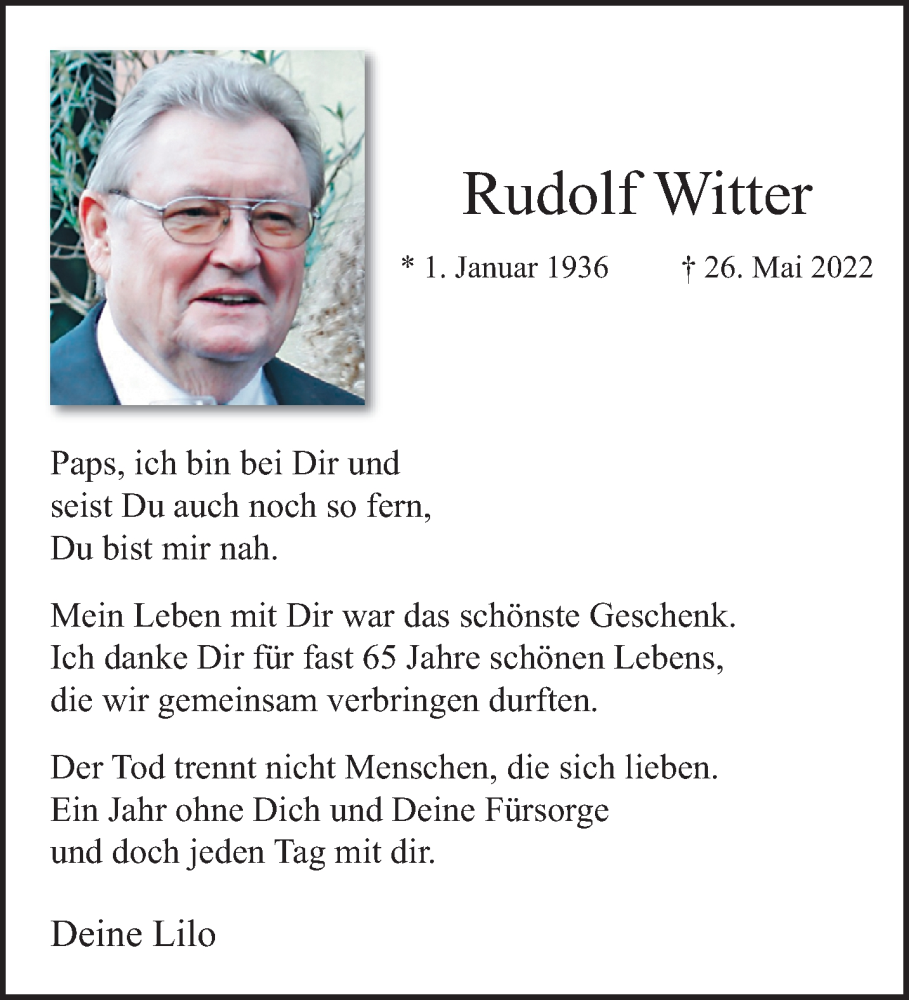  Traueranzeige für Rudolf Witter vom 28.05.2023 aus trauer.mein.krefeld.de