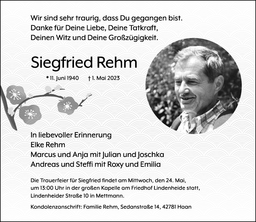  Traueranzeige für Siegfried Rehm vom 12.05.2023 aus trauer.duesseldorfer-anzeiger.de