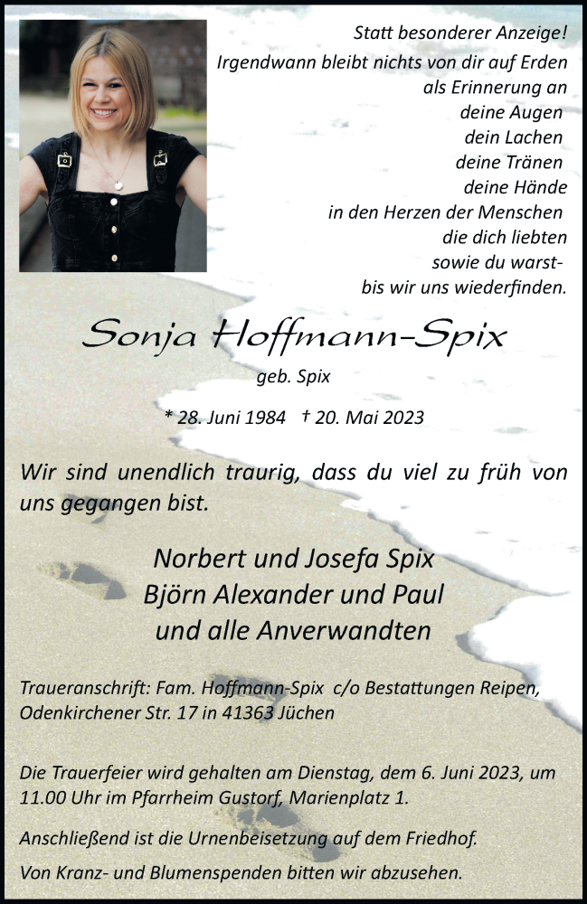  Traueranzeige für Sonja Hoffmann-Spix vom 03.06.2023 aus trauer.stadt-kurier.de