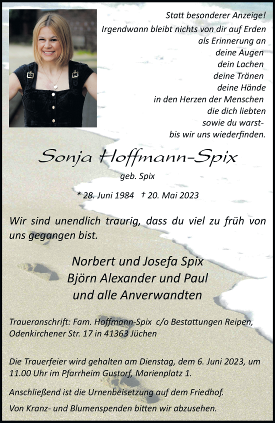 Traueranzeige von Sonja Hoffmann-Spix von trauer.stadt-kurier.de
