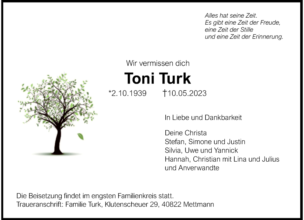  Traueranzeige für Toni Turk vom 26.05.2023 aus trauer.duesseldorfer-anzeiger.de