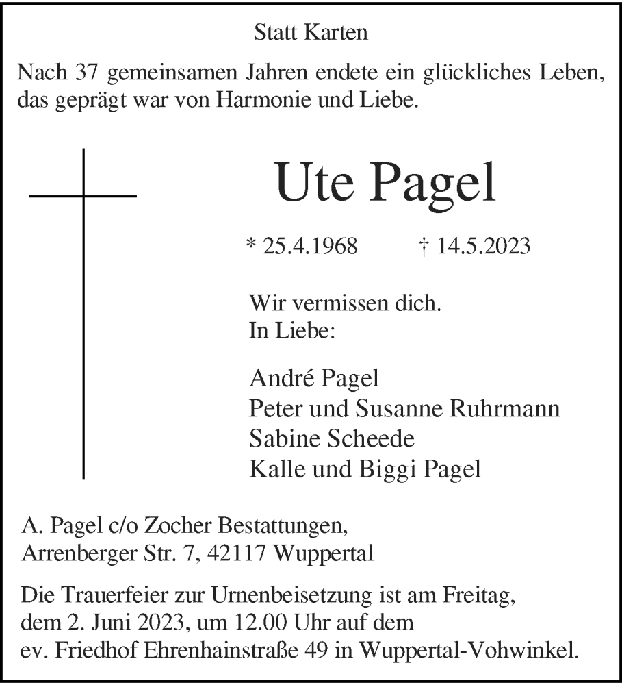 Traueranzeige für Ute Pagel vom 27.05.2023 aus trauer.wuppertaler-rundschau.de