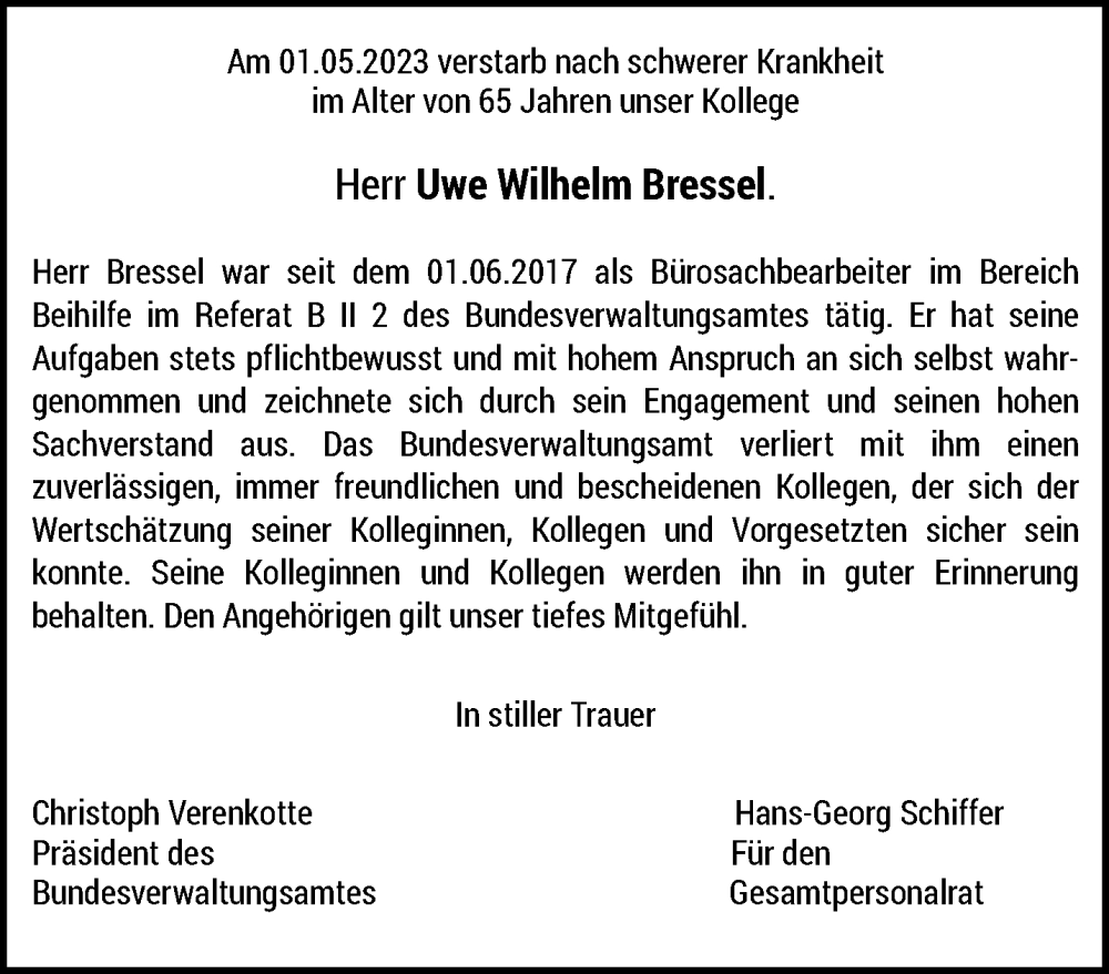  Traueranzeige für Uwe Wilhelm Bressel vom 26.05.2023 aus trauer.duesseldorfer-anzeiger.de