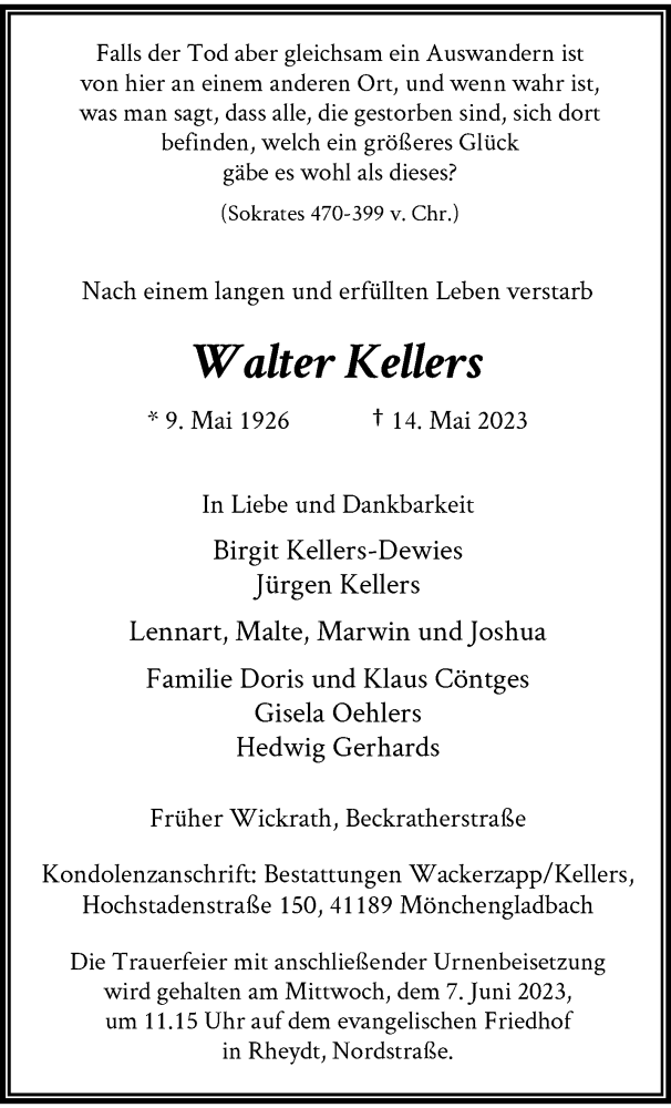  Traueranzeige für Walter Kellers vom 04.06.2023 aus trauer.extra-tipp-moenchengladbach.de