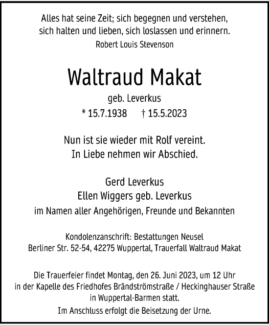 Traueranzeige von Waltraud Makat von trauer.wuppertaler-rundschau.de