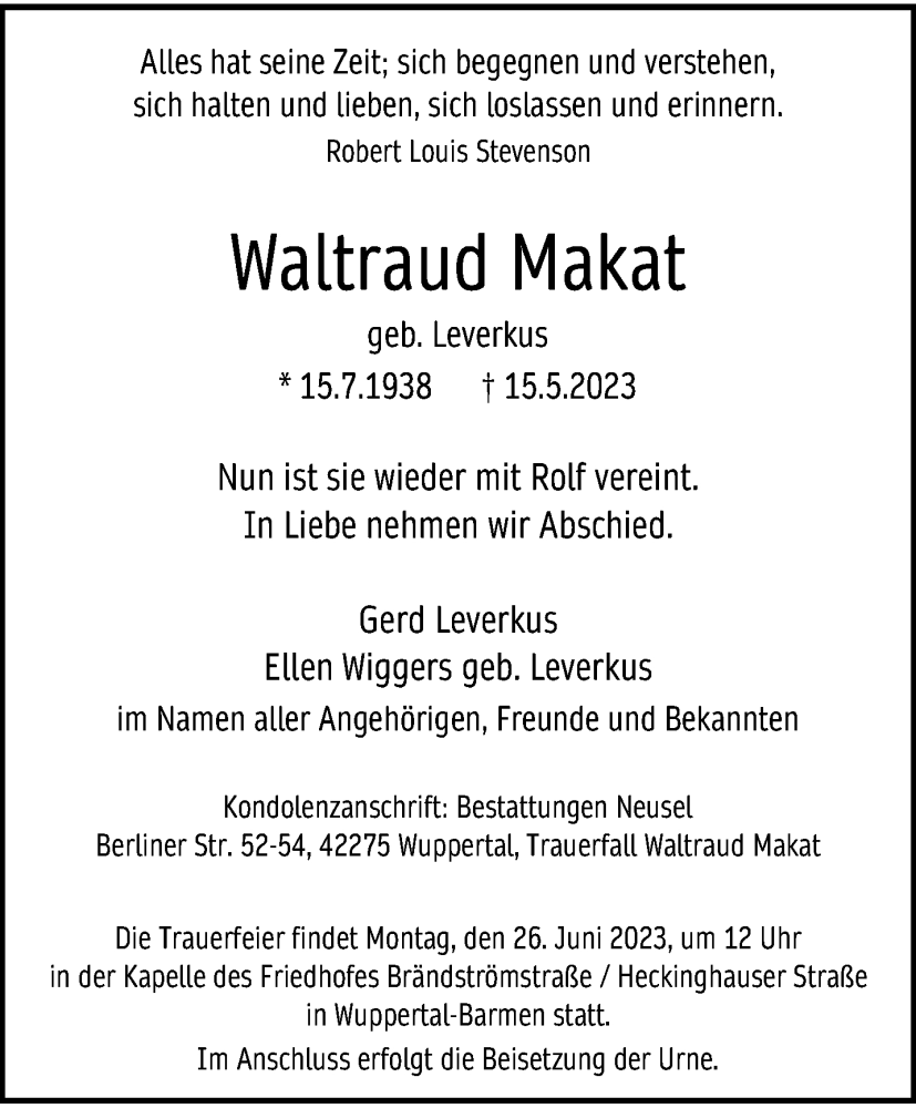  Traueranzeige für Waltraud Makat vom 27.05.2023 aus trauer.wuppertaler-rundschau.de