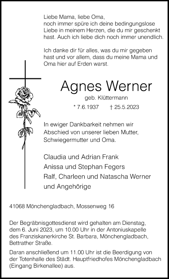 Traueranzeige von Agnes Werner von trauer.extra-tipp-moenchengladbach.de