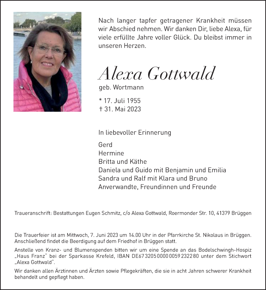  Traueranzeige für Alexa Gottwald vom 04.06.2023 aus trauer.extra-tipp-moenchengladbach.de