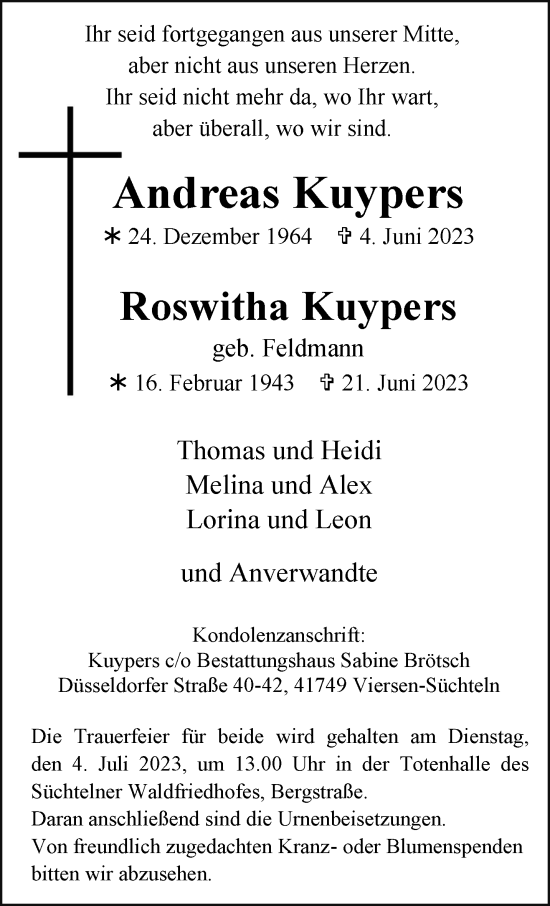Traueranzeige von Andreas und Roswitha Kuypers von trauer.extra-tipp-moenchengladbach.de