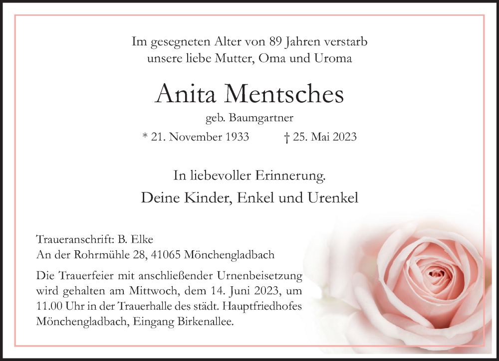  Traueranzeige für Anita Mentsches vom 04.06.2023 aus trauer.extra-tipp-moenchengladbach.de