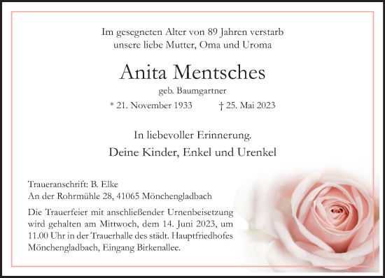 Traueranzeige von Anita Mentsches von trauer.extra-tipp-moenchengladbach.de