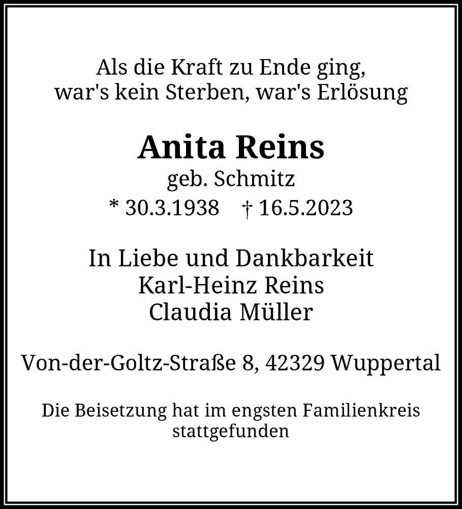  Traueranzeige für Anita Reins vom 03.06.2023 aus trauer.wuppertaler-rundschau.de