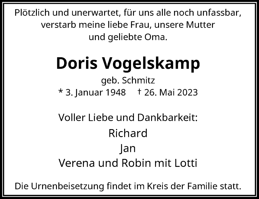  Traueranzeige für Doris Vogelskamp vom 03.06.2023 aus trauer.wuppertaler-rundschau.de