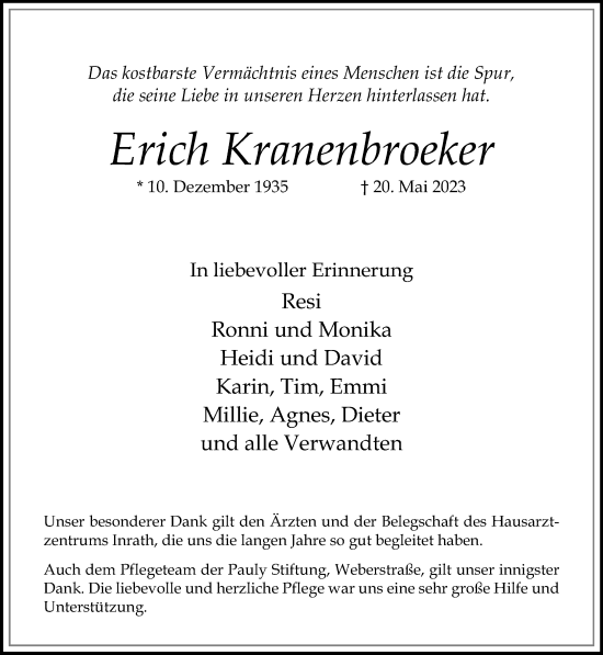 Traueranzeige von Erich Kranenbroeker von trauer.mein.krefeld.de