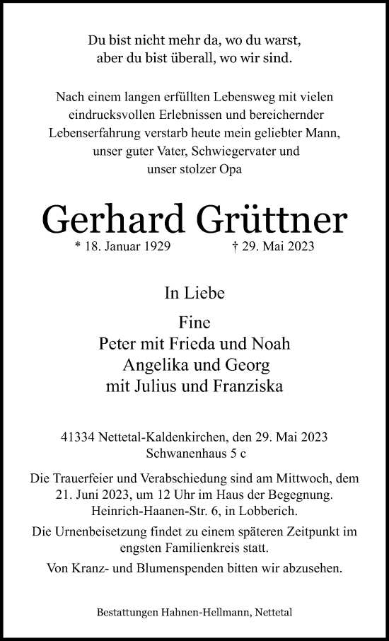 Traueranzeige von Gerhard Grüttner von trauer.extra-tipp-moenchengladbach.de