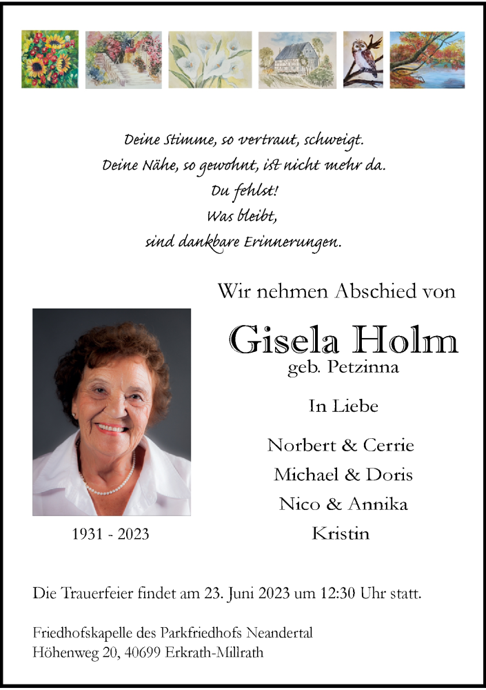  Traueranzeige für Gisela Holm vom 16.06.2023 aus trauer.duesseldorfer-anzeiger.de