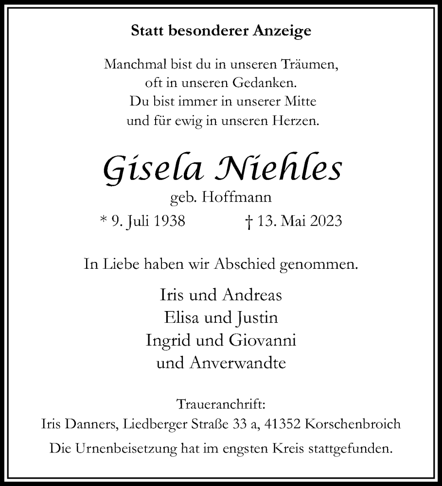  Traueranzeige für Gisela Niehles vom 04.06.2023 aus trauer.extra-tipp-moenchengladbach.de
