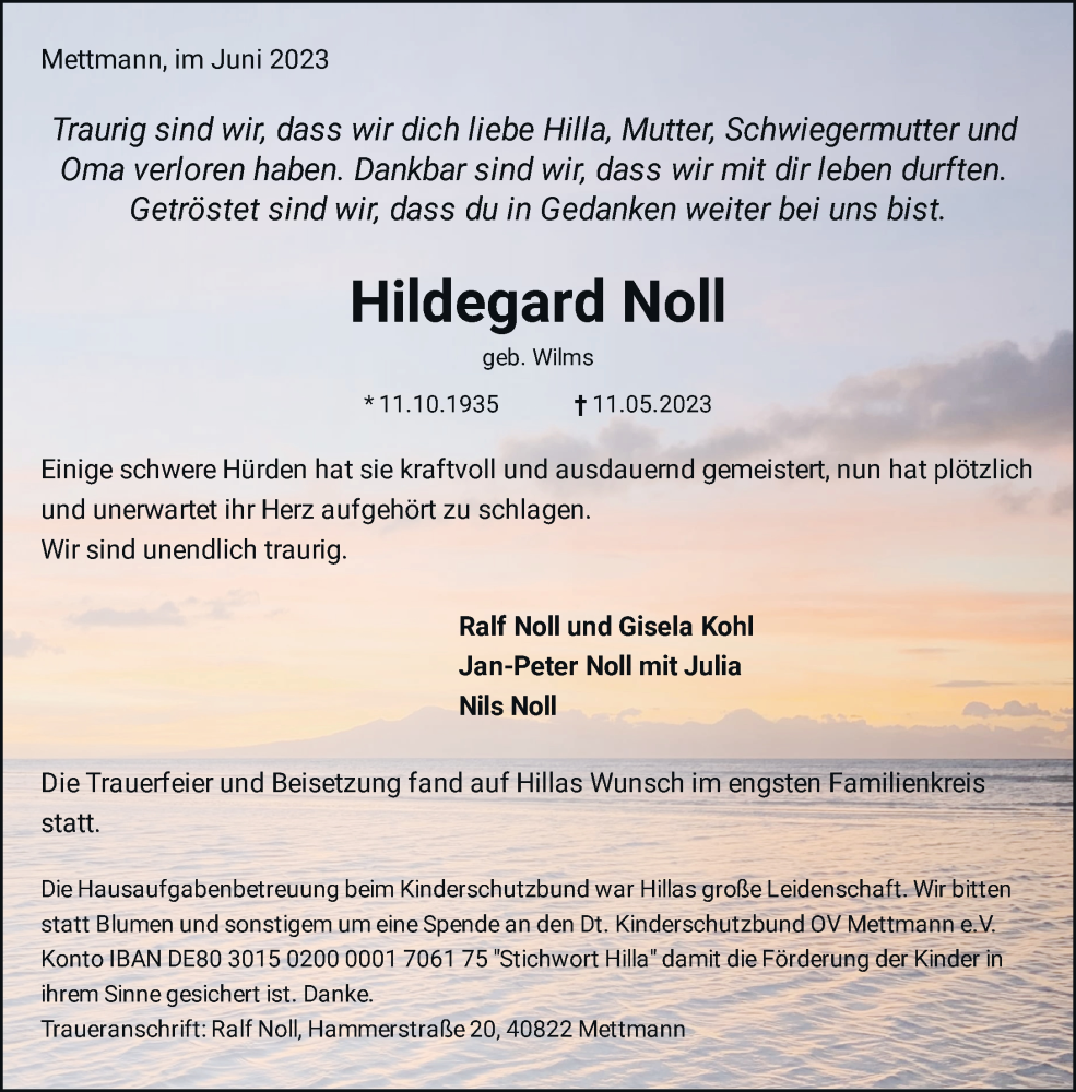  Traueranzeige für Hildegard Noll vom 16.06.2023 aus trauer.duesseldorfer-anzeiger.de