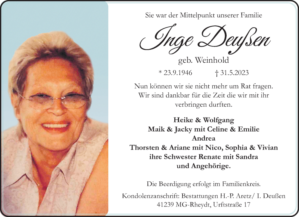  Traueranzeige für Inge Deußen vom 04.06.2023 aus trauer.extra-tipp-moenchengladbach.de