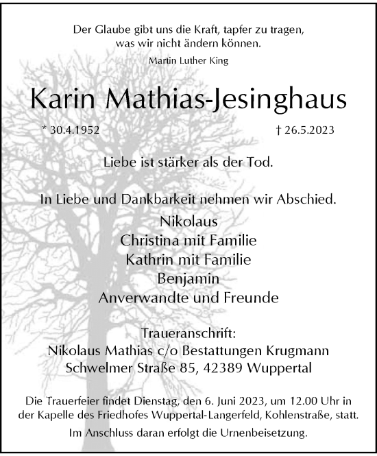Traueranzeige von Karin Mathias-Jesinghaus von trauer.wuppertaler-rundschau.de