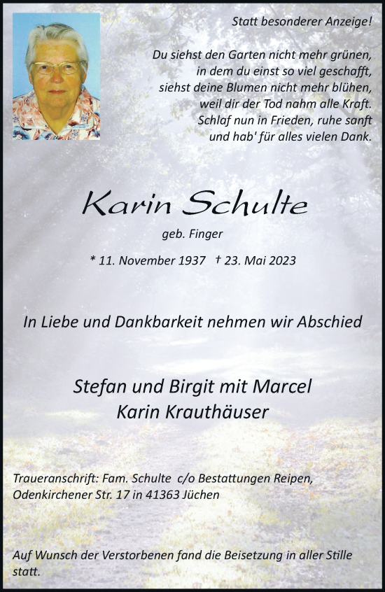 Traueranzeige von Karin Schulte von trauer.stadt-kurier.de