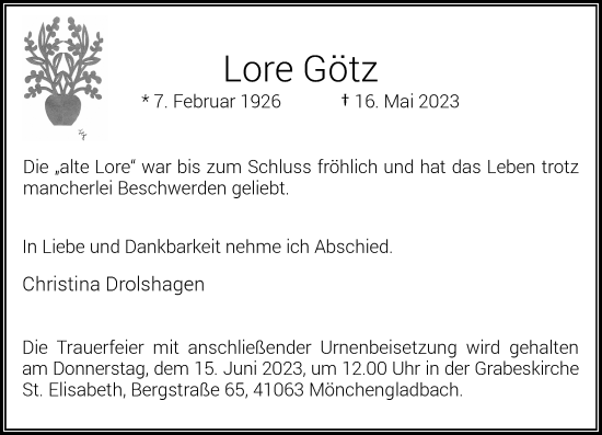 Traueranzeige von Lore Götz von trauer.extra-tipp-moenchengladbach.de