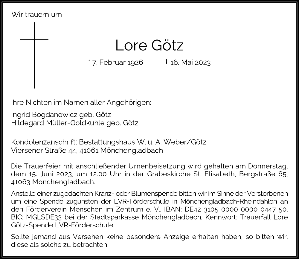  Traueranzeige für Lore Götz vom 04.06.2023 aus trauer.extra-tipp-moenchengladbach.de