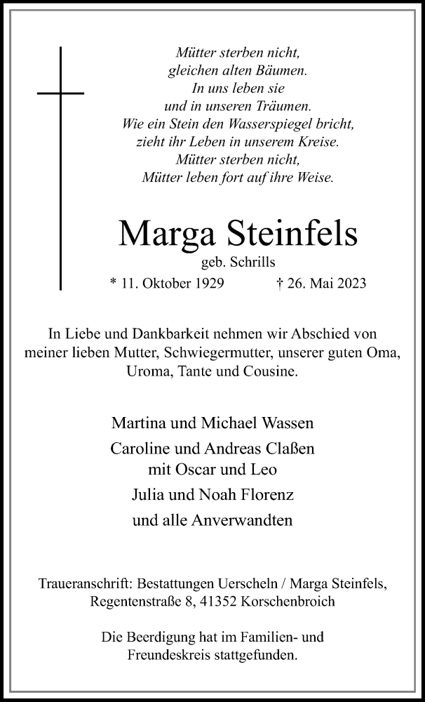  Traueranzeige für Marga Steinfels vom 04.06.2023 aus trauer.extra-tipp-moenchengladbach.de