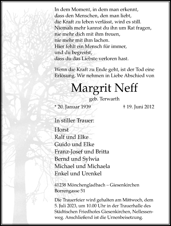 Traueranzeige von Margrit Neff von trauer.extra-tipp-moenchengladbach.de
