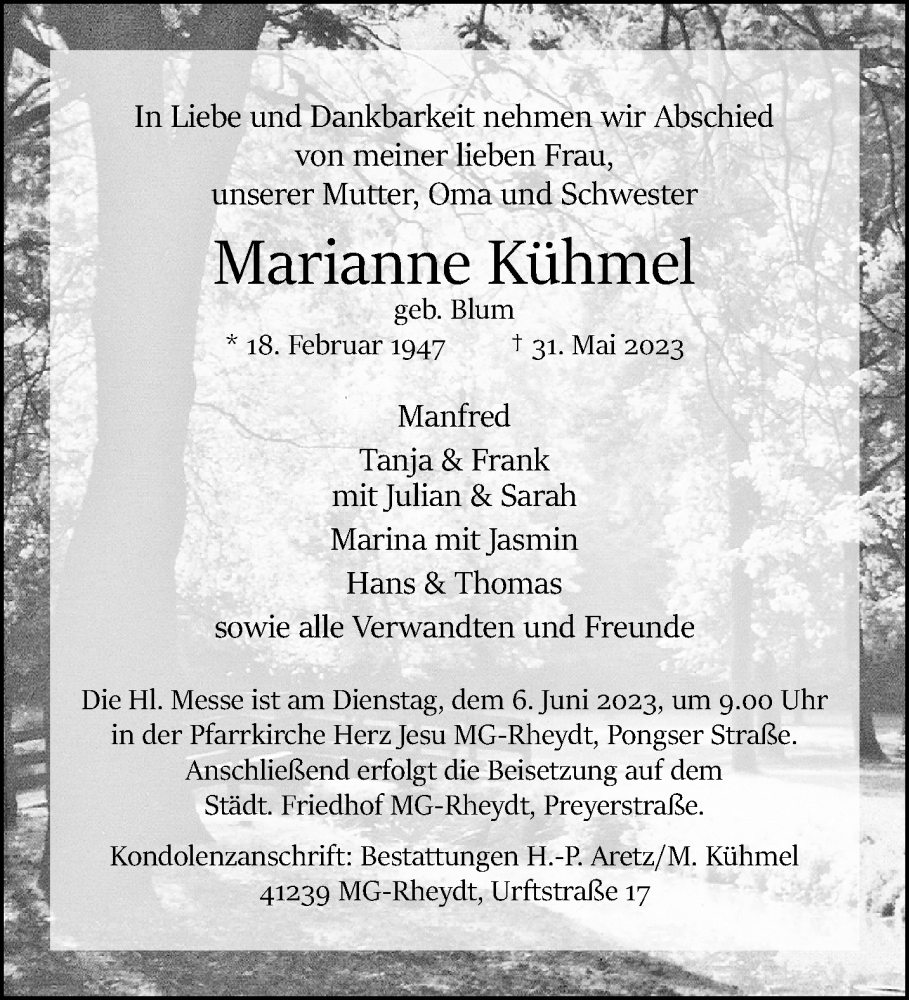  Traueranzeige für Marianne Kühmel vom 04.06.2023 aus trauer.extra-tipp-moenchengladbach.de