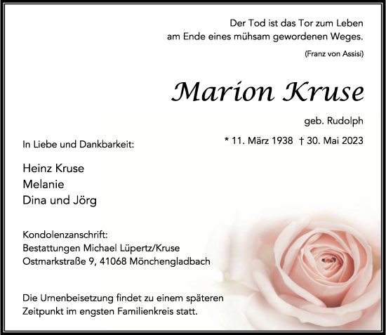 Traueranzeige von Marion Kruse von trauer.extra-tipp-moenchengladbach.de