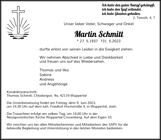 Traueranzeige von Martin Schmitt von trauer.wuppertaler-rundschau.de