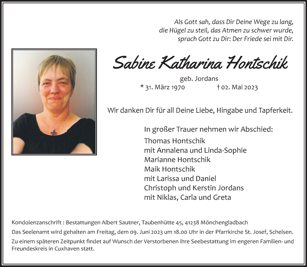  Traueranzeige für Sabine Katharina Hontschik vom 04.06.2023 aus trauer.extra-tipp-moenchengladbach.de