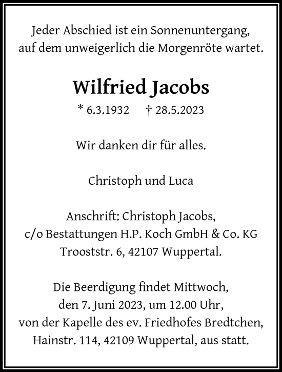 Traueranzeige von Wilfried Jacobs von trauer.wuppertaler-rundschau.de